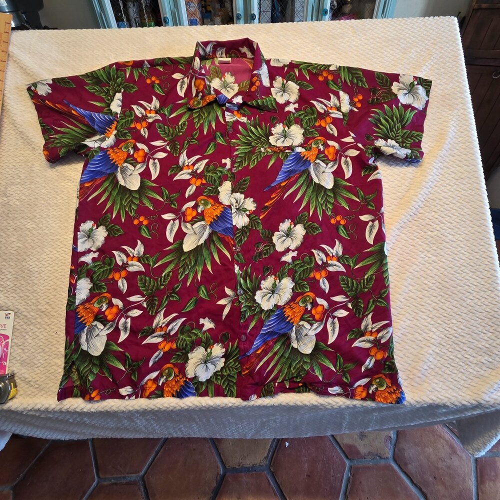 King Kameha Hawaiian Shirt Men's2XL Burgundy/Green Floral Parrots Short Sleeve